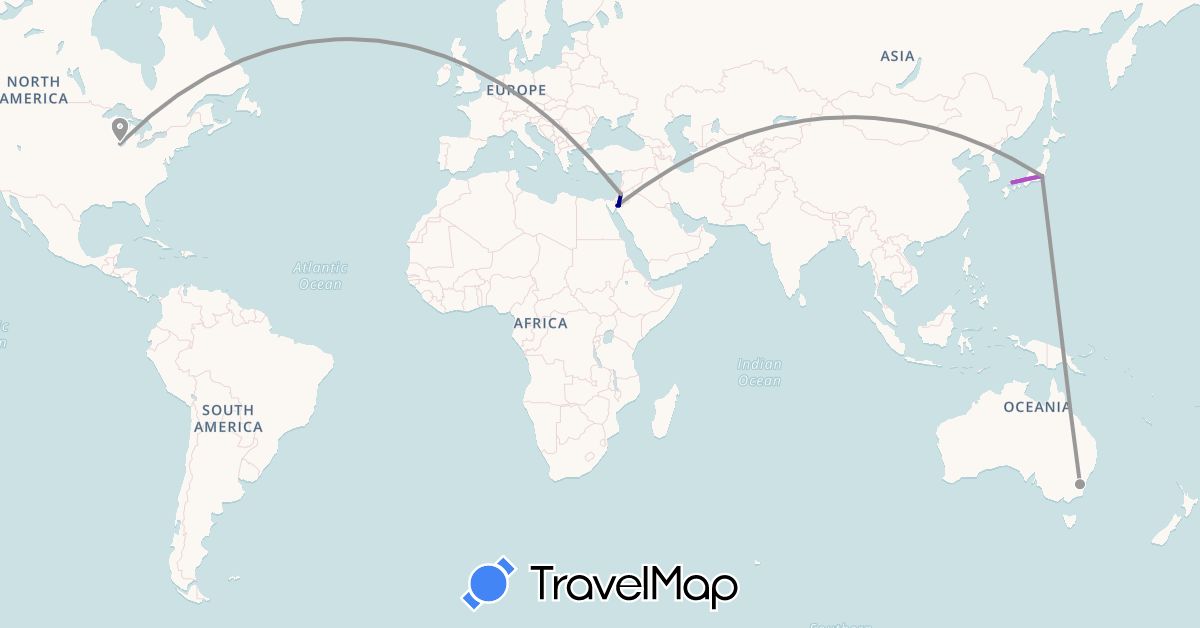 TravelMap itinerary: driving, plane, train in Australia, Jordan, Japan, United States (Asia, North America, Oceania)